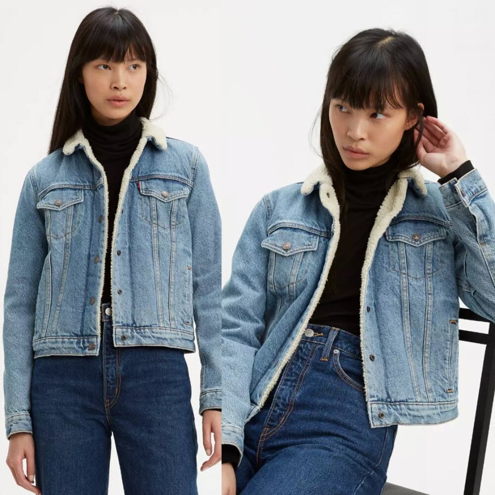 Levi’s Women’s Blue Denim Sherpa Jacket Cream Collar Trucker Size M
